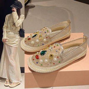 2026 Spring Summer New Korean Mesh Bean Shoes, Women Rhinestone Slip-on Flat Casual Fisherman Shoes - Product Image 1