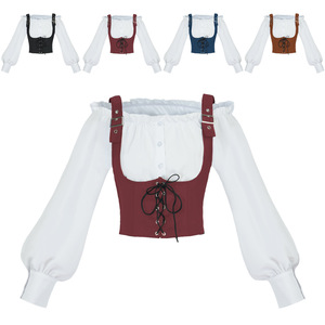 Chaleco de gamuza para mujer, sin cuello, con hombros descubiertos, manga larga, estilo corsé vintage con etiqueta, disfraz de Halloween - Product Image 2