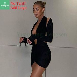 2022 abito Casual moda profondo scollo a v Mini abito a maniche lunghe senza schiena estate e autunno abito Sexy collant da <span class=keywords><strong>donna</strong></span> - Product Image 4