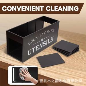 Estante para utensilios de cocina de madera maciza, negro, con parte superior abierta y compartimentos para almacenamiento y organización de utensilios de cocina - Product Image 3
