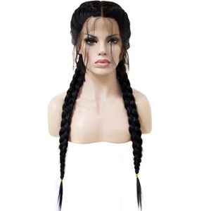Peluca trenzada de pelo largo y recto, conjunto de pelo negro Mengtong, encaje frontal de fibra química a la moda, 1 pieza, tamaño medio <span class=keywords><strong>corto</strong></span>, 60cm - Product Image 1