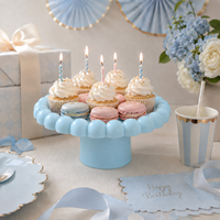 Taartplateau voor kinderfeestjes, bruiloften, babyshowers, lente, roze, blauw, wit, rond, plastic, voor fruit en desserts.