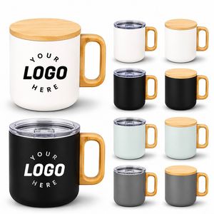 แก้วกาแฟหุ้มฉนวนสแตนเลสขนาด 400 มล. พร้อมฝาปิดและหูจับไม้ไผ่ สกรีนโลโก้ได้ เหมาะสำหรับเป็นของขวัญส่งเสริมการขาย ใช้ได้ทั้งกาแฟ ชา สำหรับสำนักงาน และพกพาเดินทาง - Product Image 1