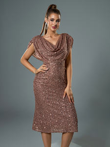 Phụ Nữ Thanh Lịch Cowl Cổ Màu Rắn Ngắn Cánh Dơi Tay Áo Sequins Lấp Lánh Buổi Tối Bên Ăn Mặc <span class=keywords><strong>V</strong></span>ới Ruched Vai Thiết Kế - Product Image 6