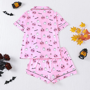 Set Minimalista e Carino per Halloween, Pigiama da <span class=keywords><strong>Donna</strong></span> con Stampa di Zucca, Fantasma e Pipistrello, Camicia a Maniche Corte con Bottoni, Logo Personalizzabile - Product Image 6