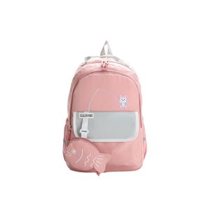 KALUOGE Student Backpack 15 Inches Pink Cartoon Cat Fishing Design For Girls School Education Large Capacity Color Blocking - Product Image 4