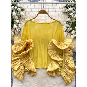 Camicette europee americane Socialite <span class=keywords><strong>camicia</strong></span> da donna estate arruffata sottile maglia larga O <span class=keywords><strong>collo</strong></span> alta moda Chic Top - Product Image 3