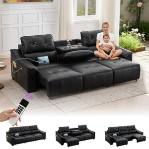 Sofá seccional reclinable eléctrico multifuncional con silla eléctrica, puertos USB para cargar, portavasos y tapicería de cuero PU para sala de estar o cine. - Product Image 1