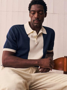 Polo de Punto para Hombre en Azul Marino y Beige con Bloques de Color, Manga Corta, Cierre de Botones, Transpirable, Estilo Retro, Informal, para Verano - Product Image 2