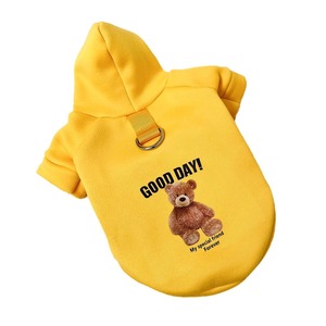 Sweat-shirt à capuche pour chien, jaune, imprimé ours mignon, en polaire, avec anneau de laisse, pour l'automne et l'hiver - Product Image 5