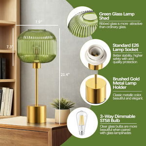 Modern Brass <b>Table</b> Lamp Green Ribbed Glass Shade Touch Control Dimmable LED Bedside Desk Lighting - Product Image 3