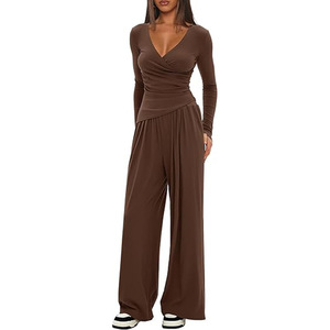 Women's Solid Color 2-Piece Casual Set: V-Neck Long-Sleeve Top with Wide-Leg <strong>Pants</strong> Paired with Athletic Set - Product Image 2