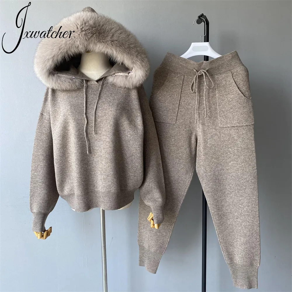 Groothandel Custom Echt Fox Bont Kraag Capuchon Gebreide Trui Broek Twee Stukken Set Lente Wol Gebreide Trui Set Voor Vrouwen