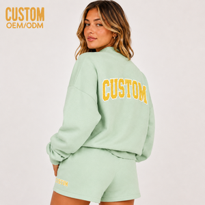Custom Women's Towel Print <b>Embroidery</b> Hooded Regular Fit Sweatshirt Cotton Shorts Fleece Casual Breathable Loungewear 2pcs <b>Set</b> - Product Image 2