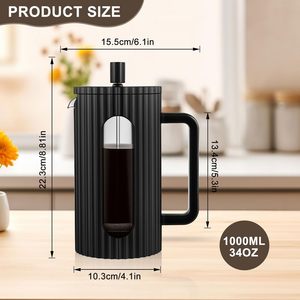 Cafetière à piston, <span class=keywords><strong>carafe</strong></span> <span class=keywords><strong>en</strong></span> <span class=keywords><strong>verre</strong></span> borosilicate résistant à la chaleur, cafetière/théière, mousseur à café, 1000ML & 34OZ - Product Image 1