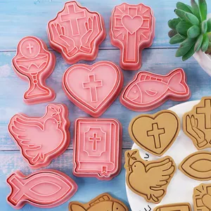 Cemaat kurabiye kesici Set 8 plastik kurabiye damgası cemaat eğlenceli kurabiye kalıbı çocuk pişirme seti vaftiz onay paskalya