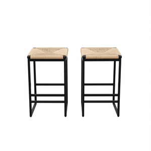 Tabourets de bar modernes en jacinthe d'eau tressée, avec structure métallique, sans dossier, hauteur comptoir, lot de 2 pour bar à domicile - Product Image 1