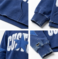 Felpa con Cappuccio Unisex Vintage Blu con Grafica, Vestibilità Oversize, in Cotone Pesante, Stile Streetwear con Stampa Patch a Stella e Ricamo 3D, Taglia XL