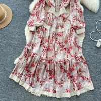 Robe décontractée pour femmes, imprimé floral, col en V, manches longues, dentelle, coupe évasée, élégante, pour les vacances, les fêtes, robe midi pour femmes