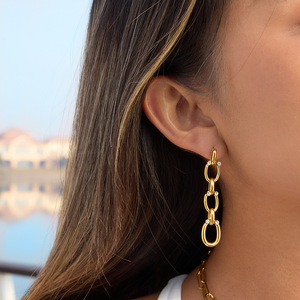 Drop Earrings 18K Gold Stainless Steel White Rhinestone Tassel Geometric Design Claw Setting JDE0311106 - Product Image 3
