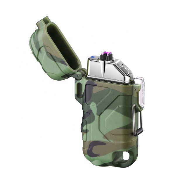 Hot Selling !!! IP56 Outdoor Camouflage Waterproof Type C Charger Lighter Double Arc Pulse Lighter With 130lm Flashlight