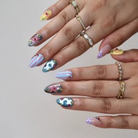 Offre Spéciale – Faux Ongles Y2K en Acrylique, Longueur Moyenne, Forme Amande, à Presser, avec Nœuds, Rayures et Étoiles aux Couleurs Contrastées Macaron et Strass Colorés – Vente en Gros