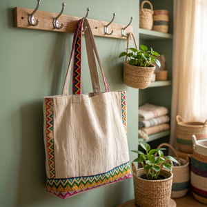Rectangular Use Embroidered Canvas Tote <b>Bag</b> With Tassel Decor Large Capacity Handmade <b>Storage</b> <b>Bag</b> - Product Image 3