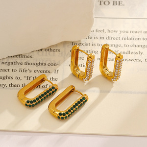 Pendientes de aro cuadrados chapados en oro con diamantes verdes y blancos para mujer, para uso diario - Product Image 1