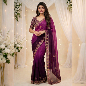 <b>Purple</b> Embroidered Silk <b>Saree</b> for Women Traditional Wedding Wear Floor-Length Regular Fit Indian Pakistani Style Sun Protection - Product Image 1