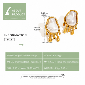 Boucles d'oreilles en perles organiques, acier inoxydable, plaqué or 14 carats sous vide, fausses perles sculpturales, boucles d'oreilles pendantes - Product Image 2