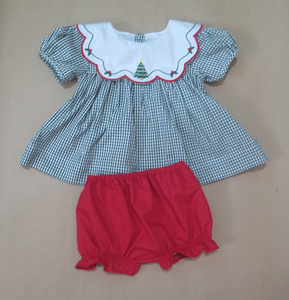 Robe de Noël à carreaux verts pour bébé fille, col festonné, broderie d'arbre, manches courtes, robe de célébration des fêtes pour tout-petits - Product Image 2
