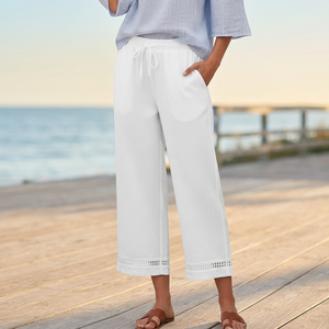 Culottes de Algodón Blancos para Mujer, Cintura Alta con Cordón, Holgados, Largura hasta la Pantorrilla, Casuales de Verano con Detalle Calado - Product Image 4