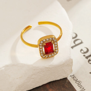 <b>Open</b> <b>Ring</b> Gold Plated Square Red Zircon Pave Setting Geometric Shape Women's Party Jewelry - Product Image 1