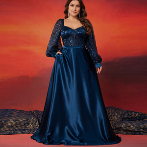 فستان سهرة فاخر من الساتان بقصة A-Line للأمهات، فستان نسائي أنيق بمقاسات كبيرة، فستان ماكسي برقبة V وأكمام طويلة مطرز بالترتر للحفلات والخطوبة - Product Image 1