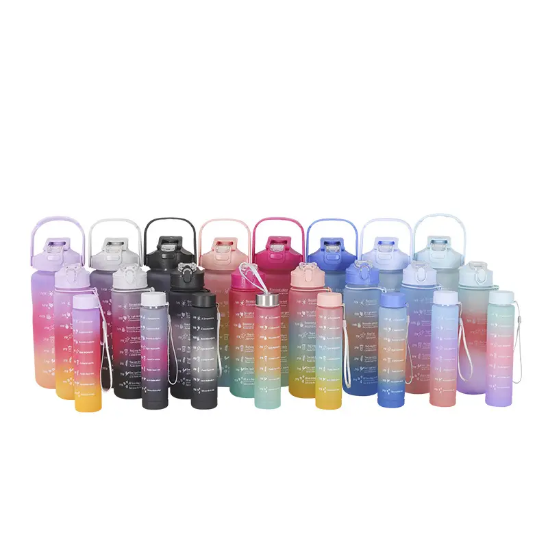 Custom 3 Piece Set Water Bottle 2 Liter Reusable Gradient Plastic Motivational Time Marker Bpa Free Sports 3 In 1 Water Bottle
