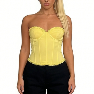 Top corsé transparente de encaje sin tirantes con volantes para mujer - Top bustier con varillas y efecto push-up a la moda - Product Image 3