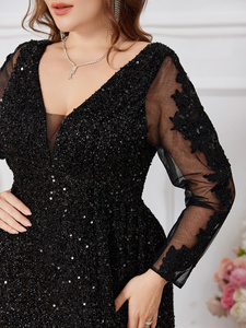 <span class=keywords><strong>Robe</strong></span> <span class=keywords><strong>de</strong></span> soirée formelle pour femmes grandes tailles, noire, col en V profond, manches longues, maille et sequins brillants, taille cintrée, jupe évasée, pour l'été - Product Image 3