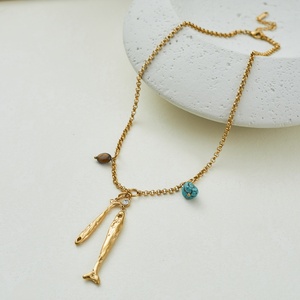 Collar Boho de Piedra Natural con Forma de Pez, Acero Inoxidable Chapado en Oro, Joyería Inspirada en el Océano con Cuentas de <span class=keywords><strong>Turquesa</strong></span> y Ojo de Tigre para Mujer - Product Image 3