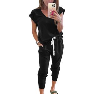 Women's Two Piece Tracksuit Casual Summer V Neck Short Sleeve Tops Drawstring Jogger Pants Lounge Outfit Sets - Product Image 1