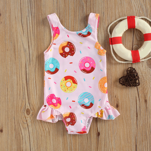 Maillot de bain une pièce pour filles, imprimé donut/crabes, mignon, à volants, UPF 50+, séchage rapide, pour la plage et la piscine, 2-8 ans - Product Image 2