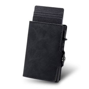 2023 Side Push Button Mens RFID Secure Anti-theft Bifold Pu Crazy Horse Leather <b>Wallet</b> Minimalist Aluminum Credit Card <b>Holder</b> - Product Image 1
