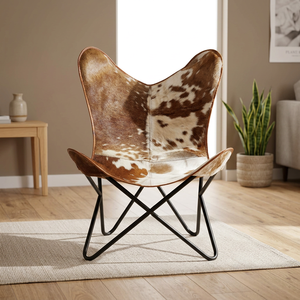 Fauteuil industriel et vintage en fer, métal et cuir véritable antique, fait à la main, design papillon traditionnel - Product Image 3
