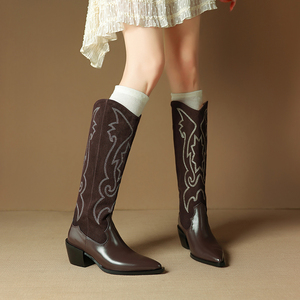 <strong>Brown</strong> Genuine Leather New Arrival Women Square Toe Chunky <strong>Heel</strong> Knee-<strong>High</strong> Embroidery Cowgirl Western <strong>Boots</strong> Zip EVA Autumn/Winter - Product Image 2