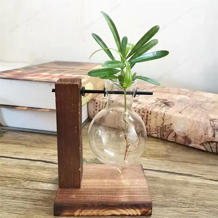 Vase à bulbe de jardinière en verre transparent, ornements de plantes, Terrarium en bois, verre en vrac