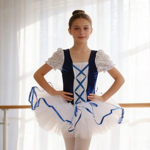 Girls Ballet Tutu Dress Blue Velvet White Tulle Stage <b>Performance</b> <b>Wear</b> for Children - Product Image 2