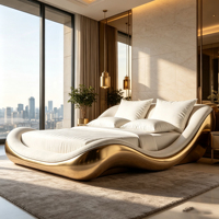 Lit courbé de luxe français en fibre de verre électroplaquée, revêtement en tissu doux, design sculptural, pour décoration de chambre de villa