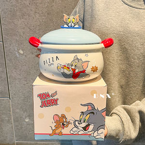 Tazón de cerámica ecológico de 1100 ml de <span class=keywords><strong>Tom</strong></span> y <span class=keywords><strong>Jerry</strong></span> con tapa y asa, viene con caja de regalo, ideal para regalar, uso doméstico - Product Image 1