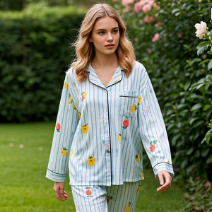 Spring Fruit & Stripe Print Pyjamas Set Designer Pyjamas Zweiteilige Bambus Nachtwäsche Custom Pyjamas Frauen Baumwolle Frau Pyjama - Product Image 3