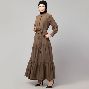 Dubai Giản Dị Cổ Tròn Dài Tay Áo Maxi Dress Kaki Phía Trước Mở Thu Thập diềm Xếp Nếp Vành Đai Hồi Giáo Phụ Nữ Abaya Ăn Mặc - Product Image 4