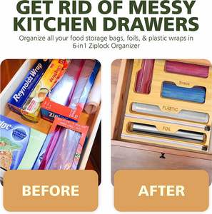 Accessoires de <span class=keywords><strong>cuisine</strong></span> 6 en 1 Distributeur de sacs à fermeture éclair Sac à fermeture éclair en bambou Organisateur de <span class=keywords><strong>rangement</strong></span> <span class=keywords><strong>Tiroir</strong></span> avec distributeur d'emballage - Product Image 2